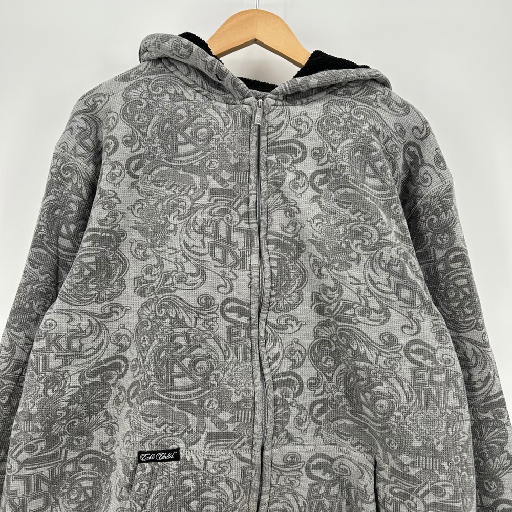 Ecko Unltd Vintage Y2K Zip Hoodie Mens XL Grey All Over Print Sherpa Lined